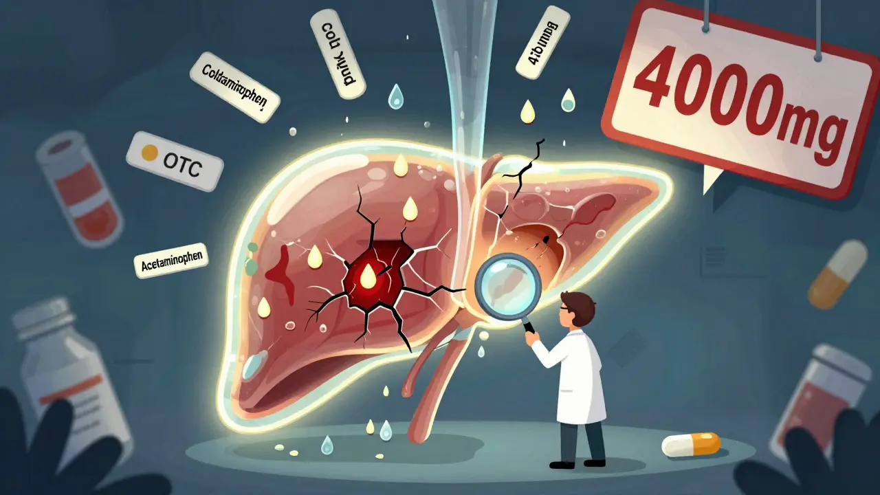 Fragile glass liver cracking under toxic streams of acetaminophen-containing medications