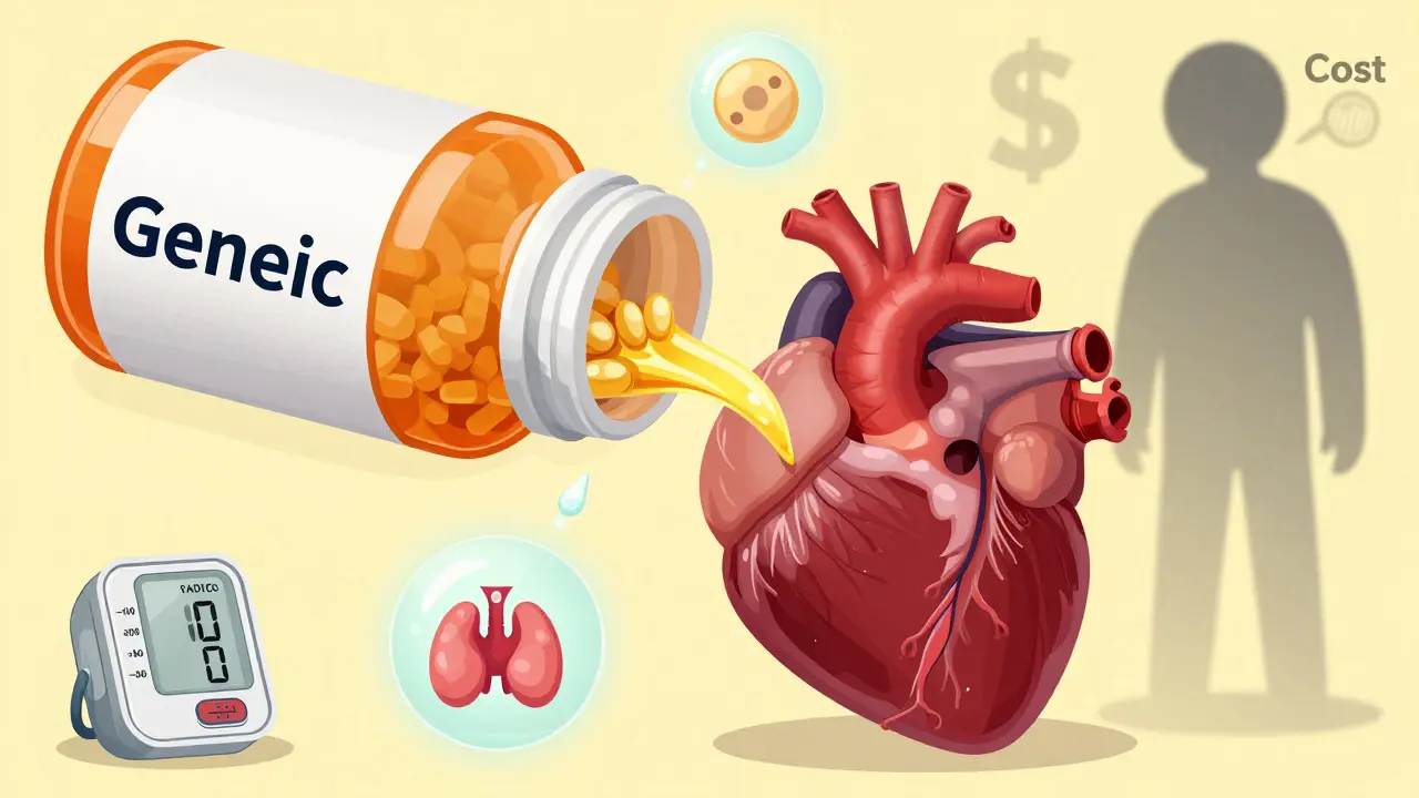 Generic pill bottle pouring medicine into a healthy heart, with cost savings visualized as fading dollar signs.