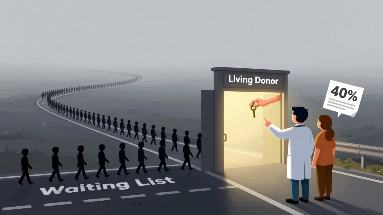 Long waiting list road leading to a glowing donor gate, with a doctor and patient pointing toward it, symbolizing improved access and hope.