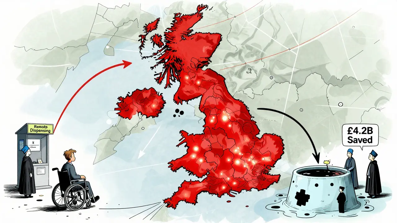 Map of UK with red gaps in rural areas, digital arrows flowing to cities, wheelchair user struggling to reach remote kiosk.