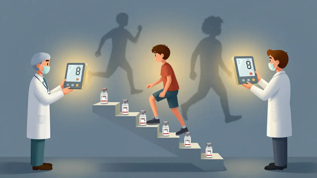 Patient climbing a staircase of insulin vials during medical desensitization, watched by doctors with glowing health monitors.