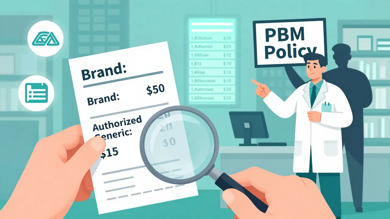 Patient holding receipt showing price difference between brand and authorized generic, pharmacist guiding them.