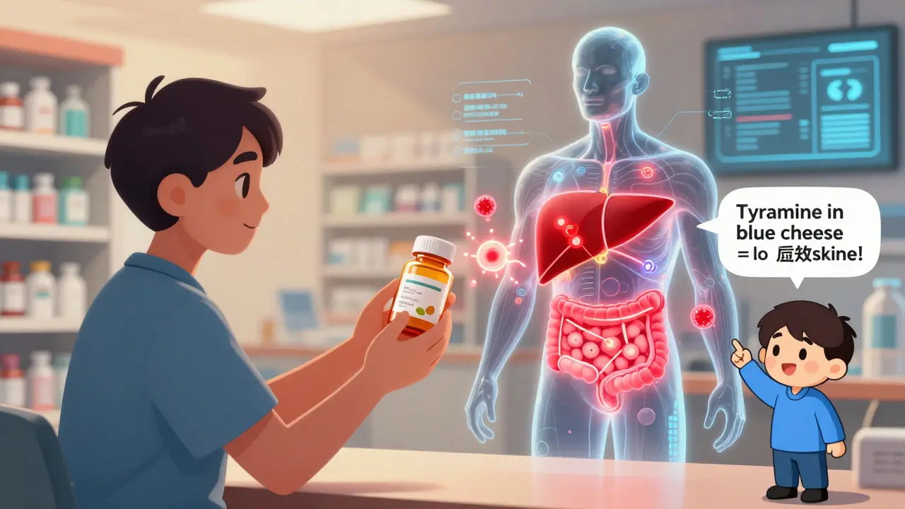 Patient with a digital twin body showing personalized drug metabolism, genetic markers, and a warning about tyramine and MAO inhibitors.