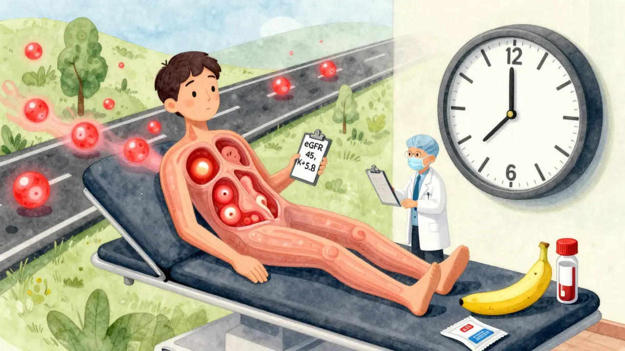 Patient with internal potassium traffic jam and warning ECG spikes, showing silent danger of high potassium levels.