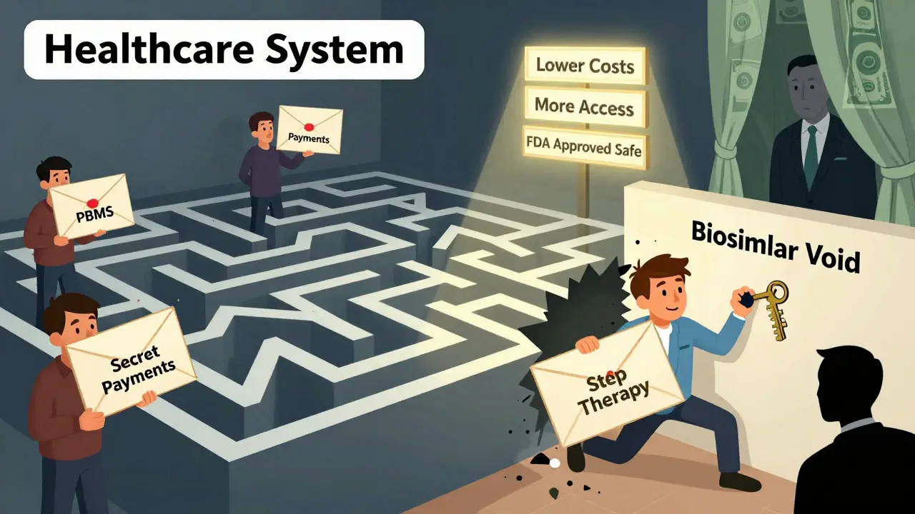 Patients trapped in a rebate maze break through the biosimilar void toward lower costs, guided by FDA-approved safety signs.