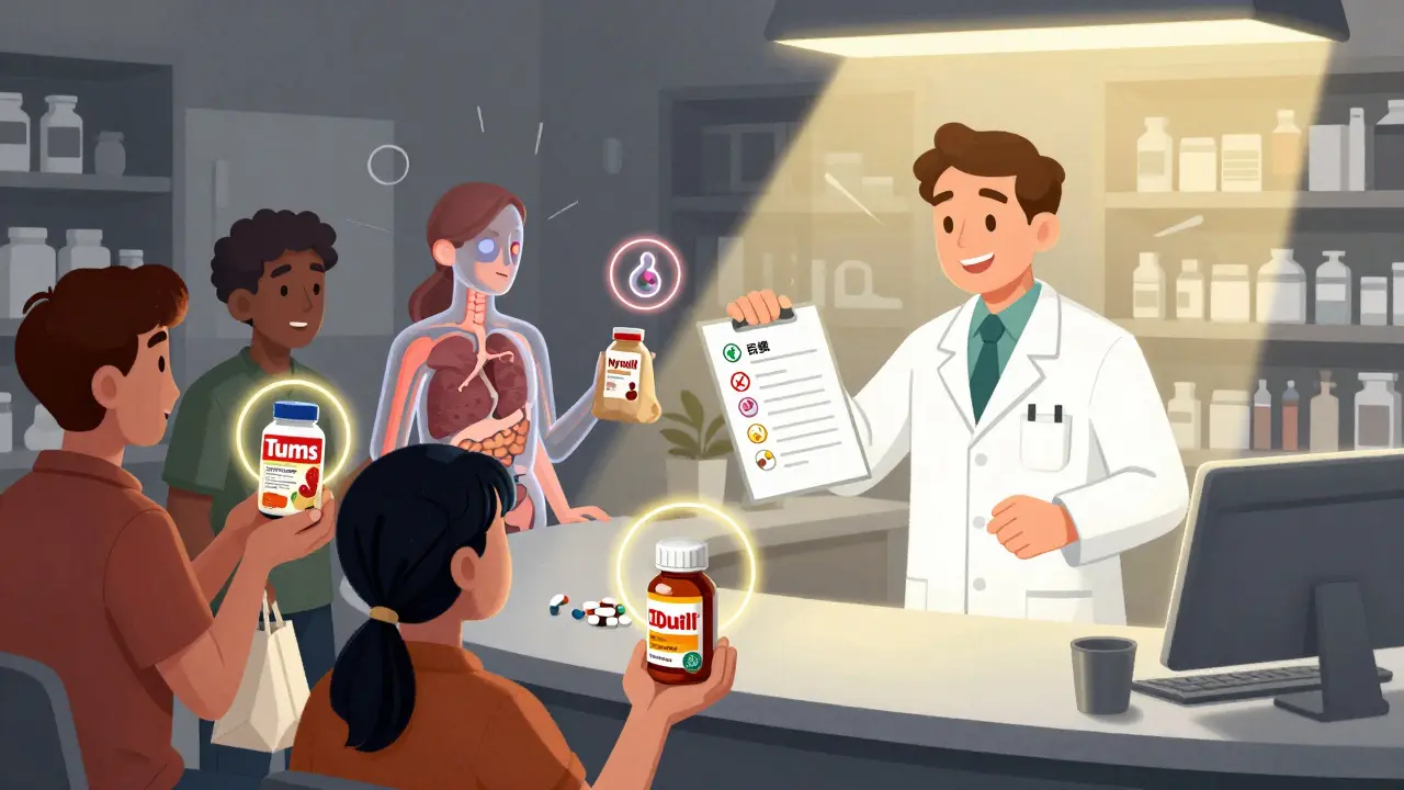 Pharmacist reviewing OTC meds with patients, each product emitting warning halos