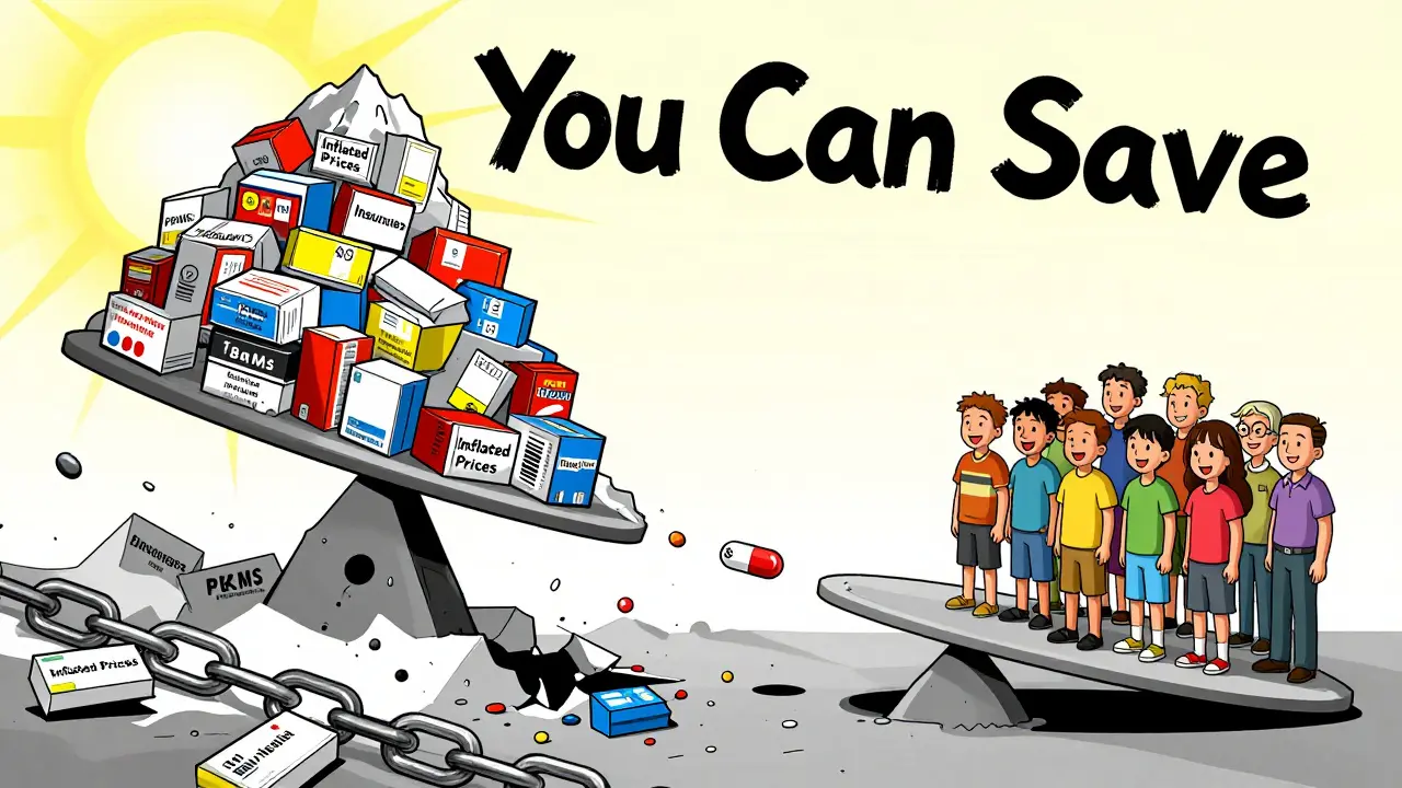 Scale tipping with brand-name drug mountain vs. single generic pill saving patients.