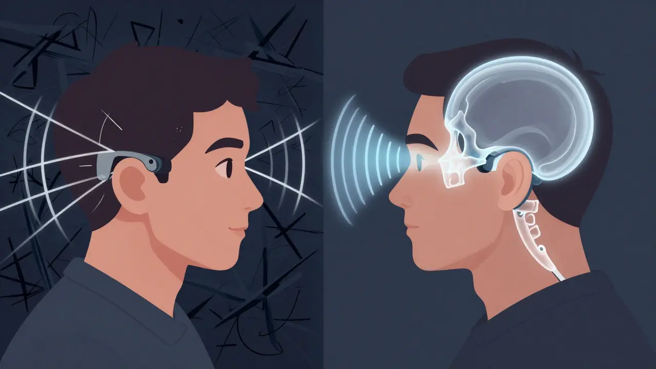 Side-by-side: chaotic CROS sound transmission vs. clean bone-conducted sound traveling through the skull.