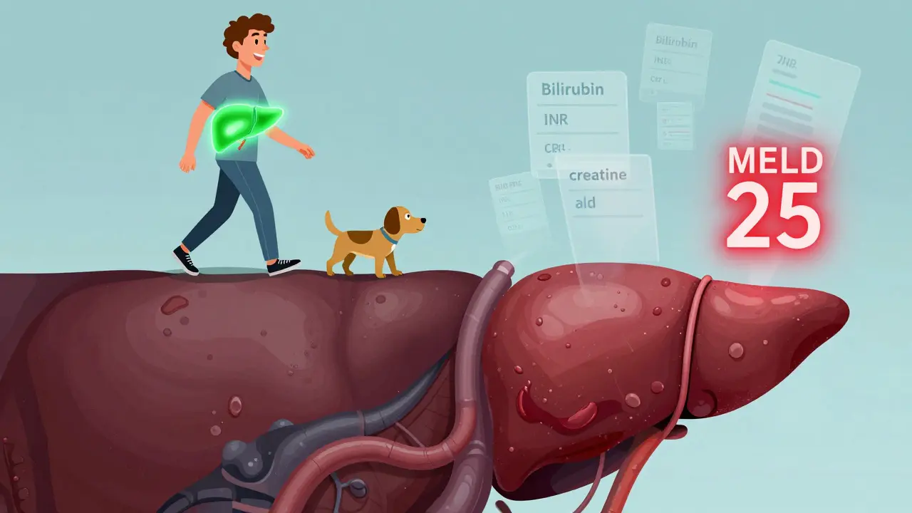 Split illustration of a healthy person versus someone with advanced cirrhosis, showing fluid buildup and high MELD score.