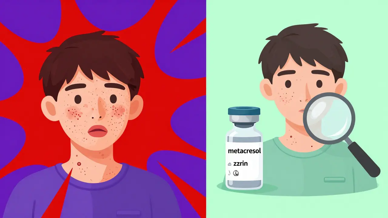 Split illustration: one side shows severe allergic reaction symptoms, the other shows safe insulin use with labeled preservatives.