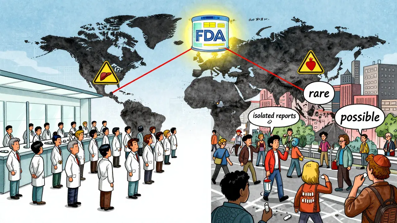 Split scene: clinical trial lab vs. real-world city with floating warning terms connected to a glowing FDA database.
