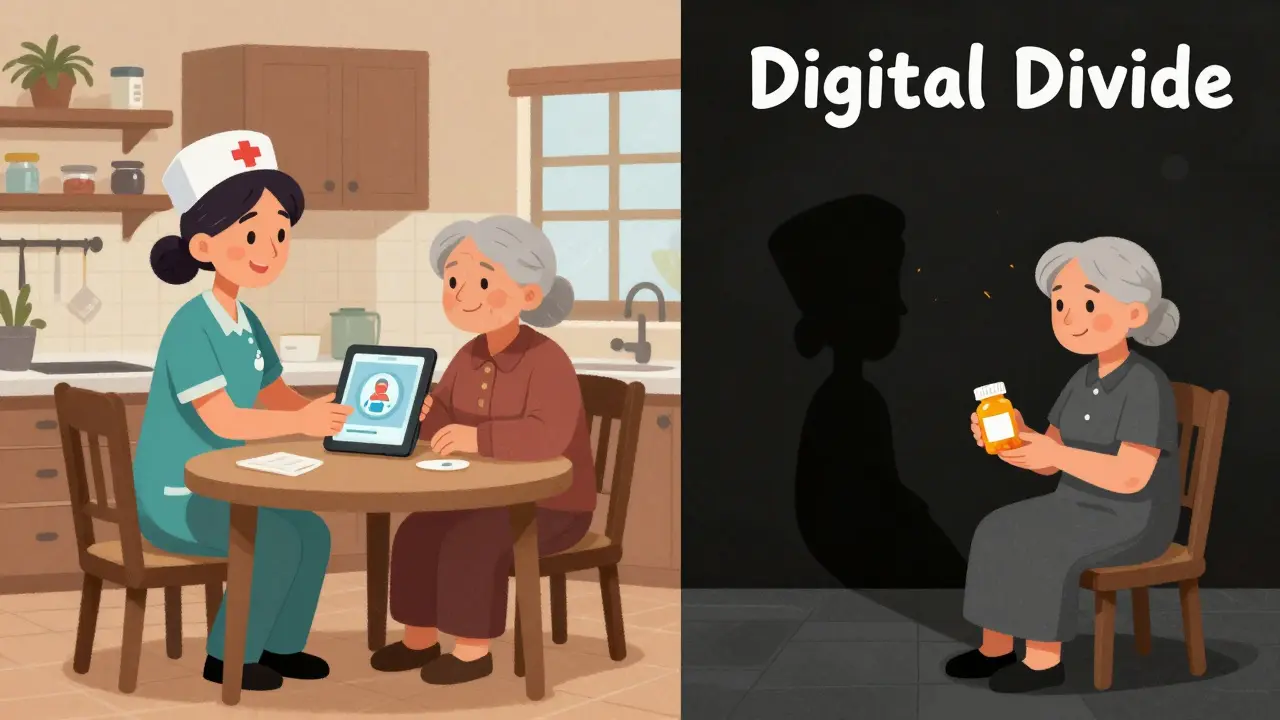 Split scene: community nurse helping elderly woman with tablet vs. same woman alone with mislabeled pills, symbolizing digital divide.