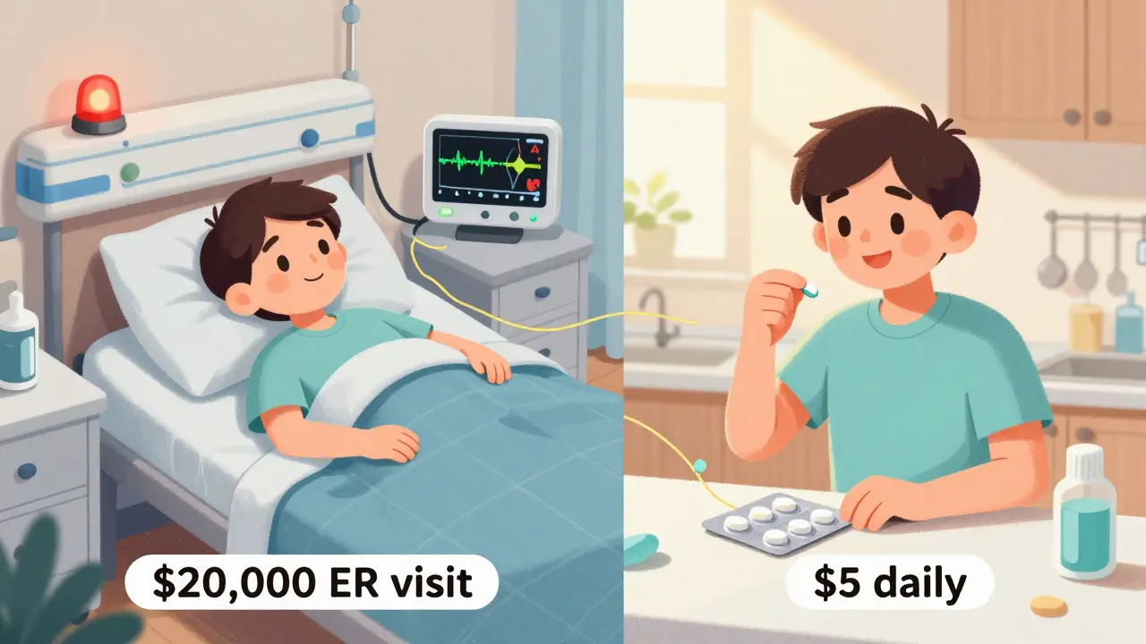Split scene: hospital emergency vs. home taking affordable pill, symbolizing cost and adherence