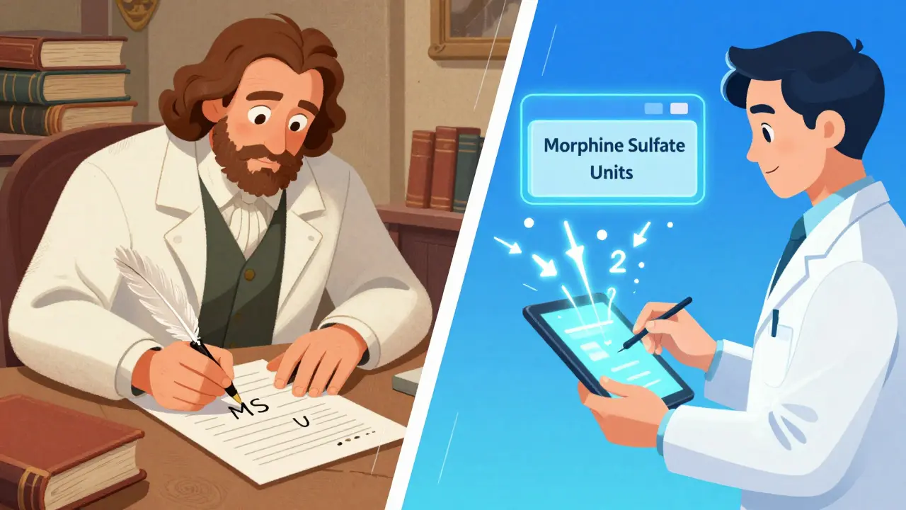 Split scene: old handwritten Latin prescription vs. modern digital conversion to plain English terms.