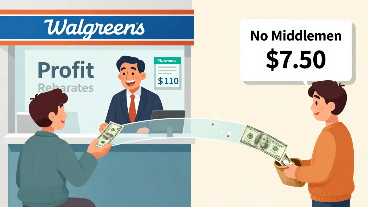 Split scene: patient overpaying at pharmacy vs. paying .50 online with no middlemen.