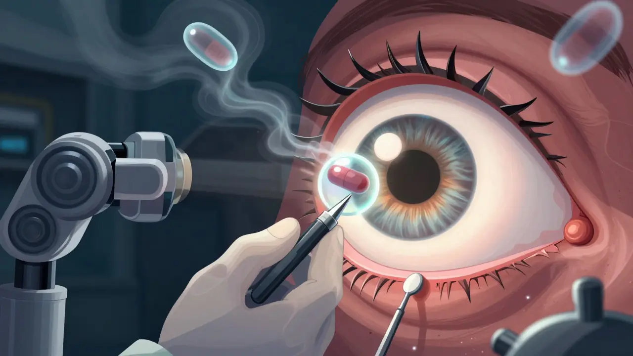 Surgery inside an eye replacing a clouded lens with an artificial one, steroid molecules drifting near the new lens capsule.