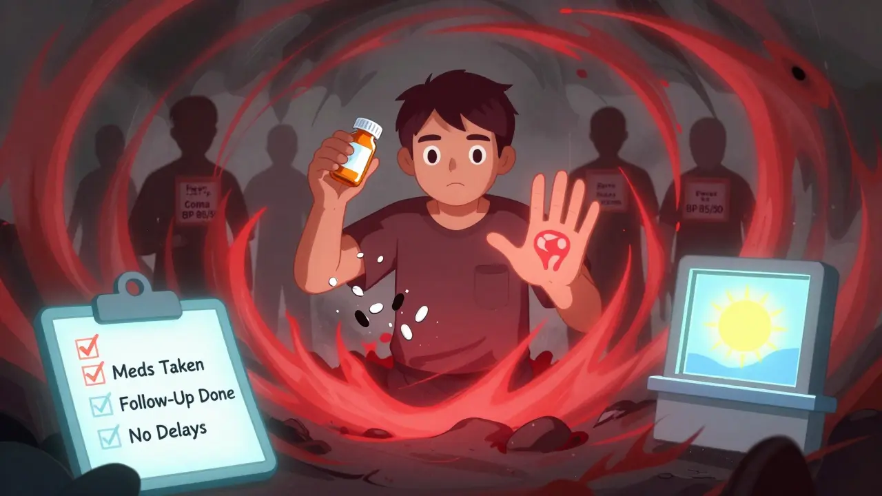 Survivor emerging from stormy energy, holding a broken pill bottle, reaching toward a stable thyroid symbol with recovery checklist in foreground.