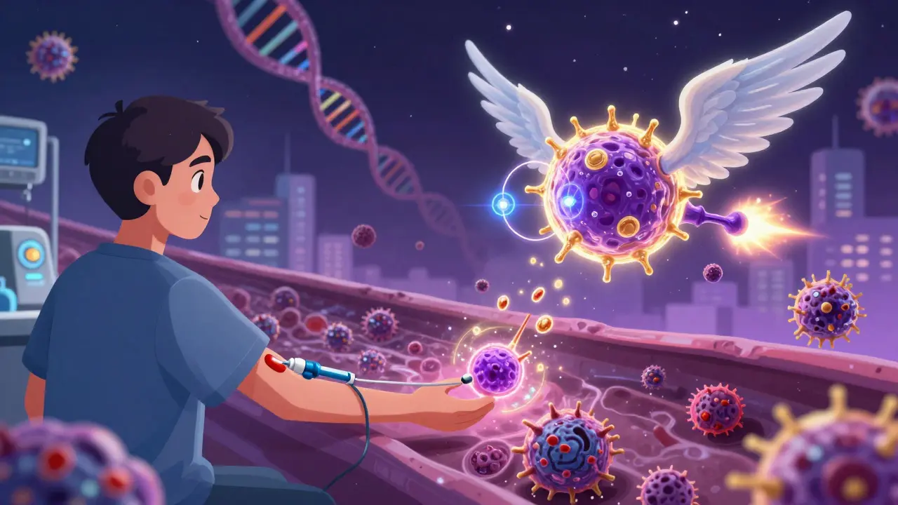 T-cell transformed into a CAR T-cell missile flying through bloodstream to destroy cancer.