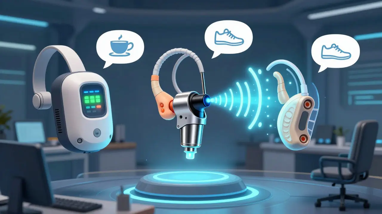 Three hearing technologies floating in a clinic, each linked to lifestyle icons: coffee, running, office.