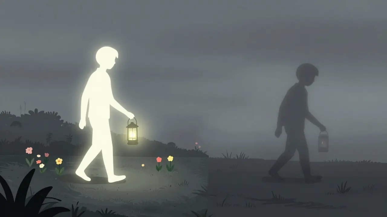 Two paths: one with a glowing silhouette and blooming flowers, the other with a lonely figure in fog.