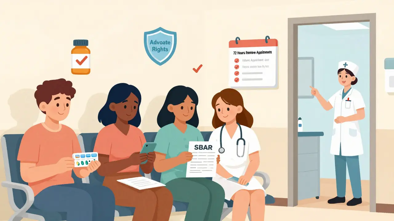 A diverse group preparing for a medication visit, with advocacy tools and clinic signage visible.