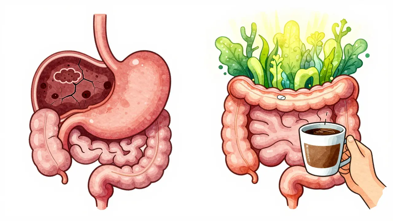 A healed stomach lining next to an inflamed one, symbolizing recovery from gastritis.
