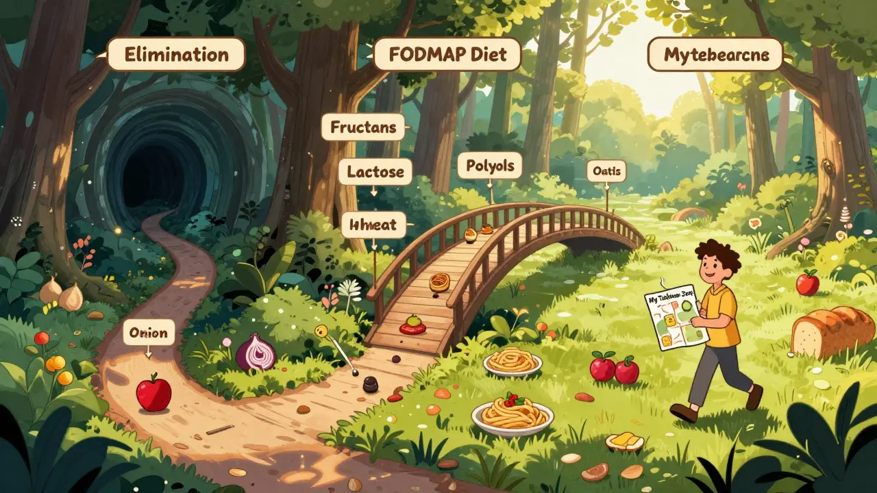 A magical path showing the three phases of the FODMAP diet, from restriction to reintroduction to personal freedom.
