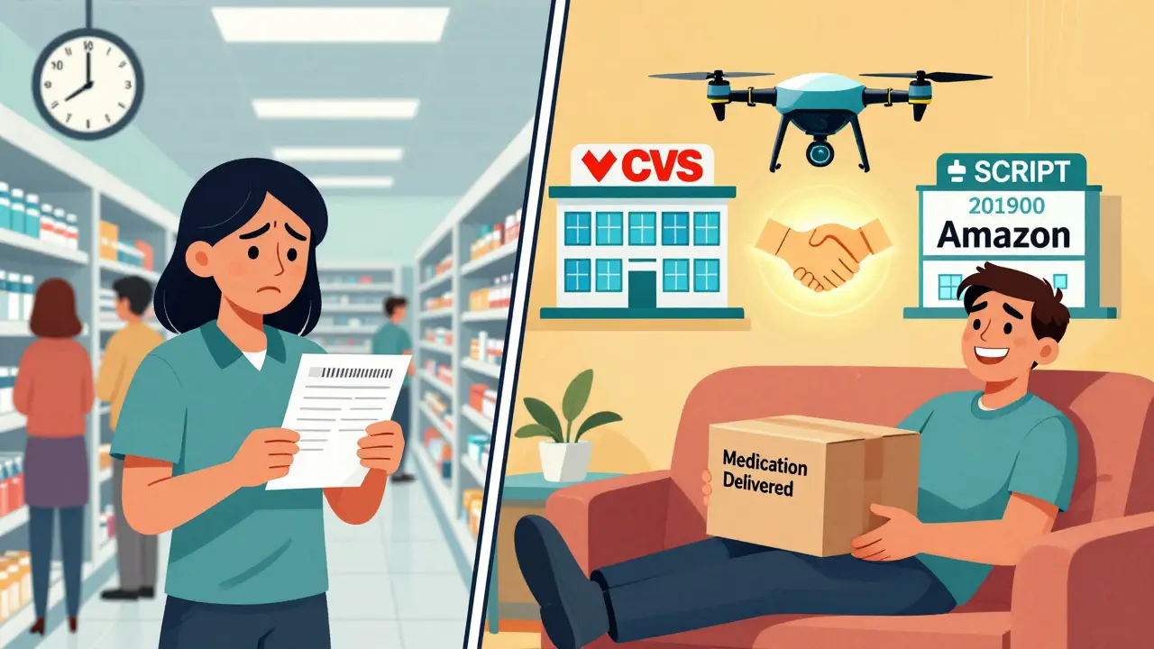 A patient transitions from waiting in a long pharmacy line to receiving medication at home via drone, with digital pharmacy icons glowing.