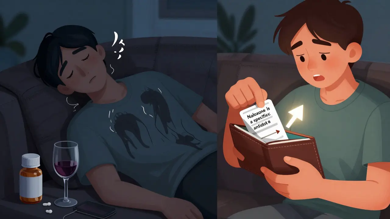 A person sleeps dangerously while their loved one reads a medication guide to find the antidote.