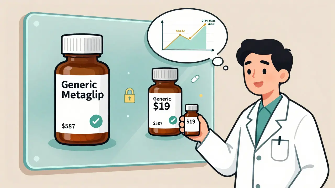 A pharmacist giving a generic diabetes pill bottle to a patient, with brand vs. generic price comparison in the background.