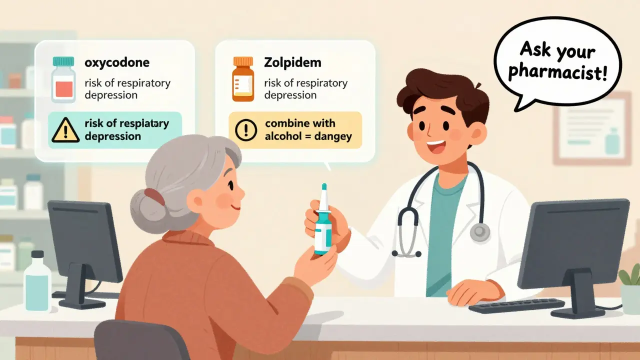 A pharmacist hands naloxone to an elderly patient, with floating medication guide warnings in the background.