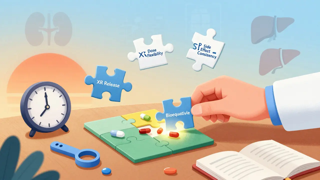 A puzzle being completed with 'Bioequivalent' as the final piece, surrounded by diabetes medication concepts.