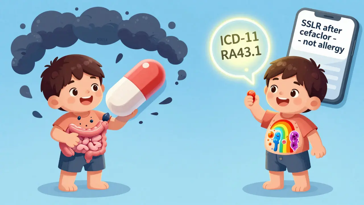 A split scene: one side shows harmful broad-spectrum antibiotics damaging gut health, the other shows safe antibiotics with a glowing SSLR label.