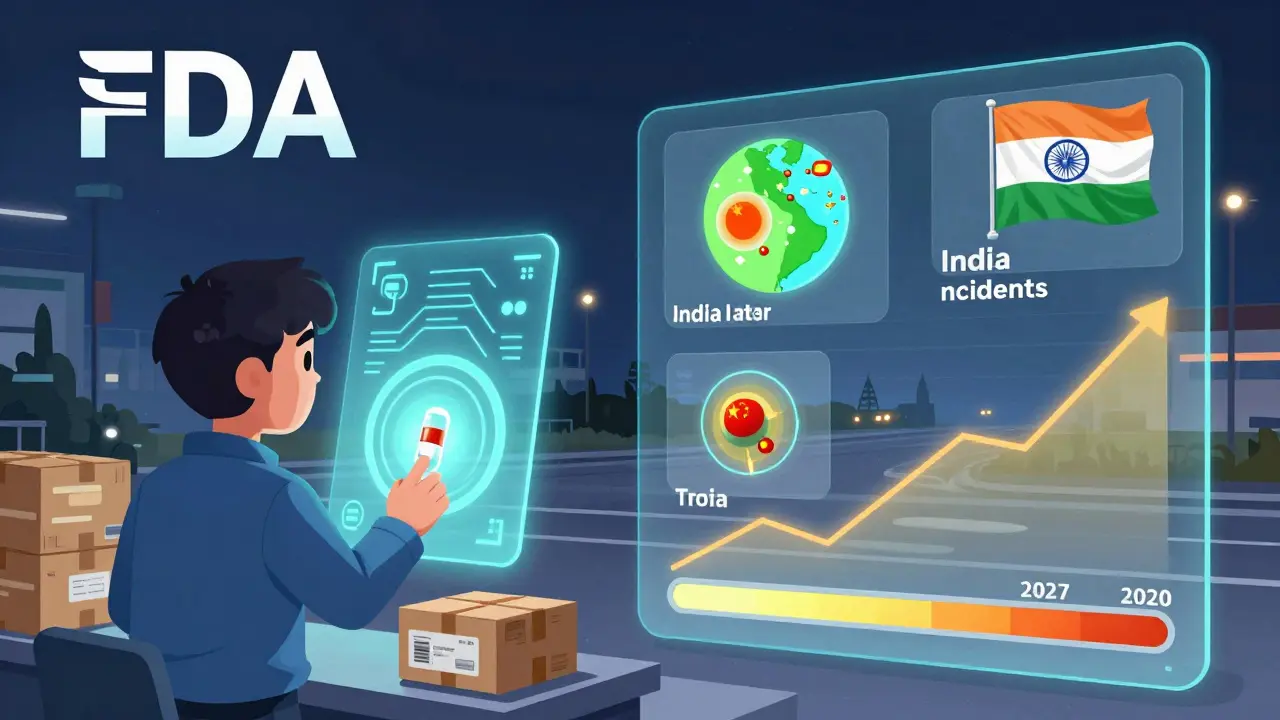 AI sensors scanning drug shipments at a border, with contamination hotspots shown in factories, showing improved oversight by 2027.