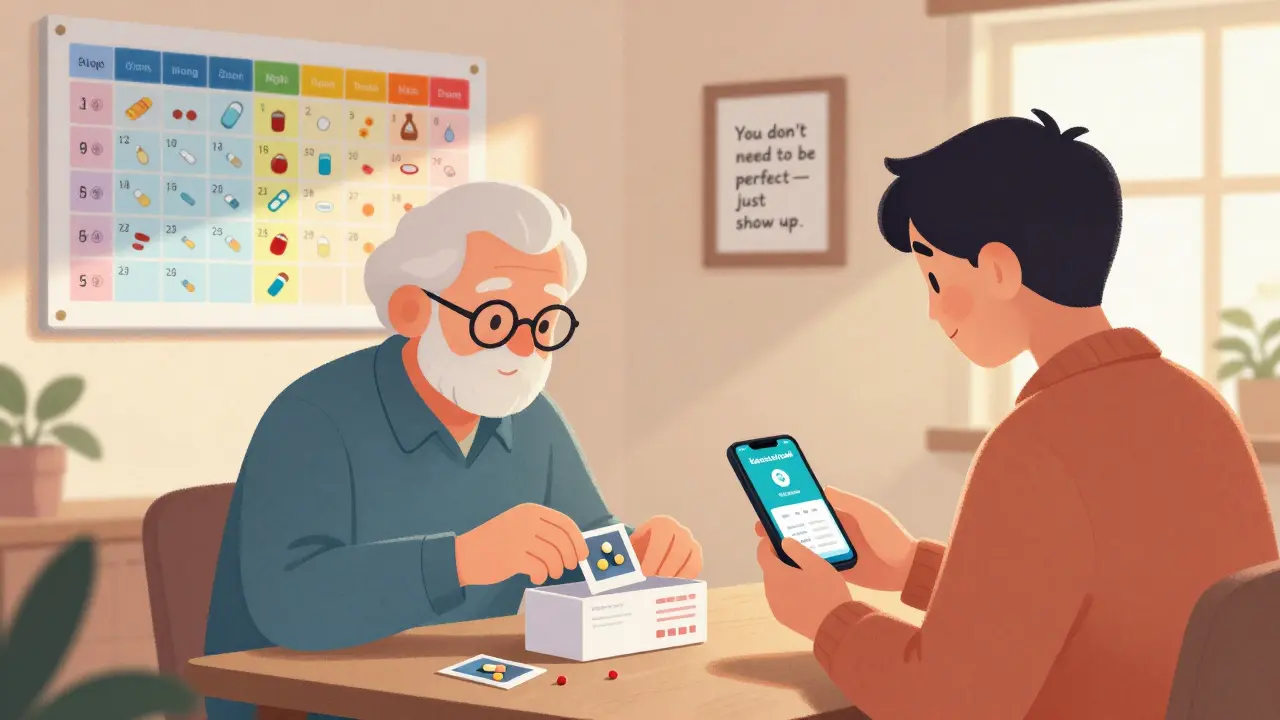 An elderly person organizing pills at home with help from an advocate using a phone reminder.