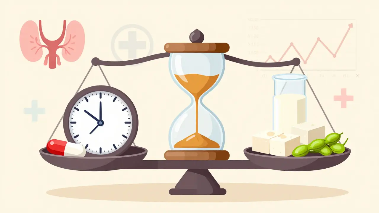 Balanced scale with thyroid medication and soy foods separated by a 2-hour hourglass.
