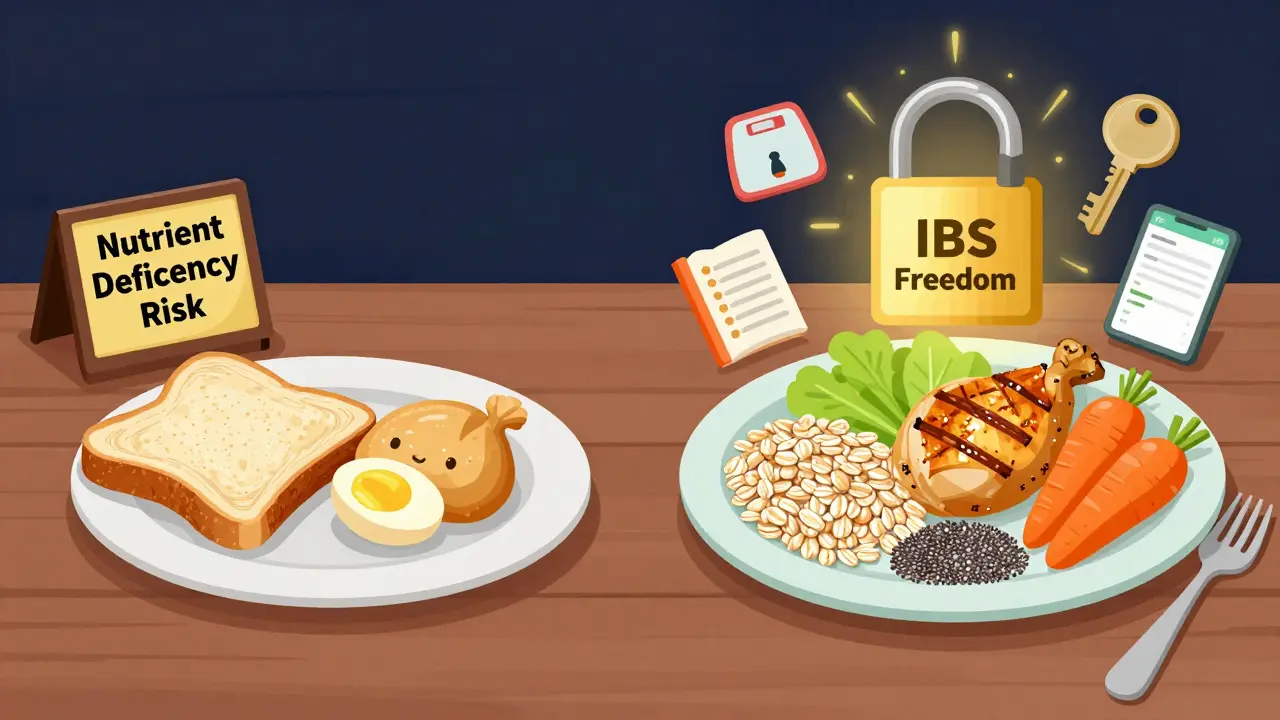 Contrasting dinner tables: one restrictive and dull, the other vibrant and balanced, with a key unlocking 'IBS Freedom'.