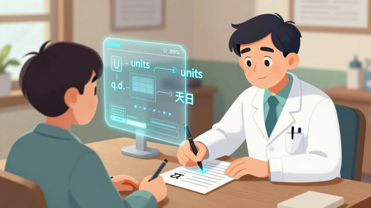 Doctor writing a prescription by hand while an AI hologram helps correct errors in real time.