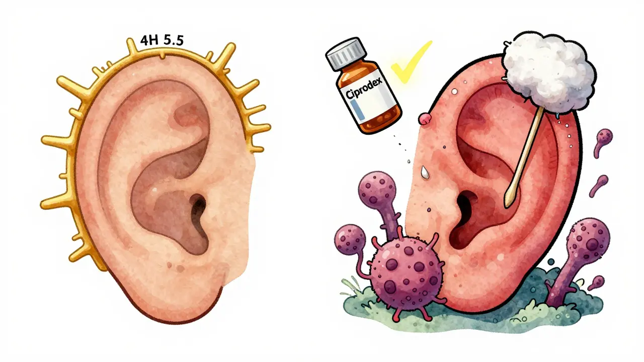 Healthy ear with protective barrier vs infected ear blocked by cotton swab, showing bacterial invasion and treatment.