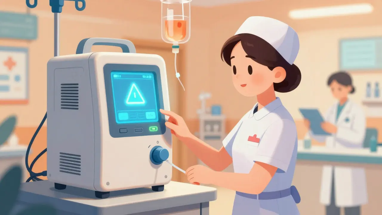 Nurse using smart IV pump with safety alert during heparin infusion setup.