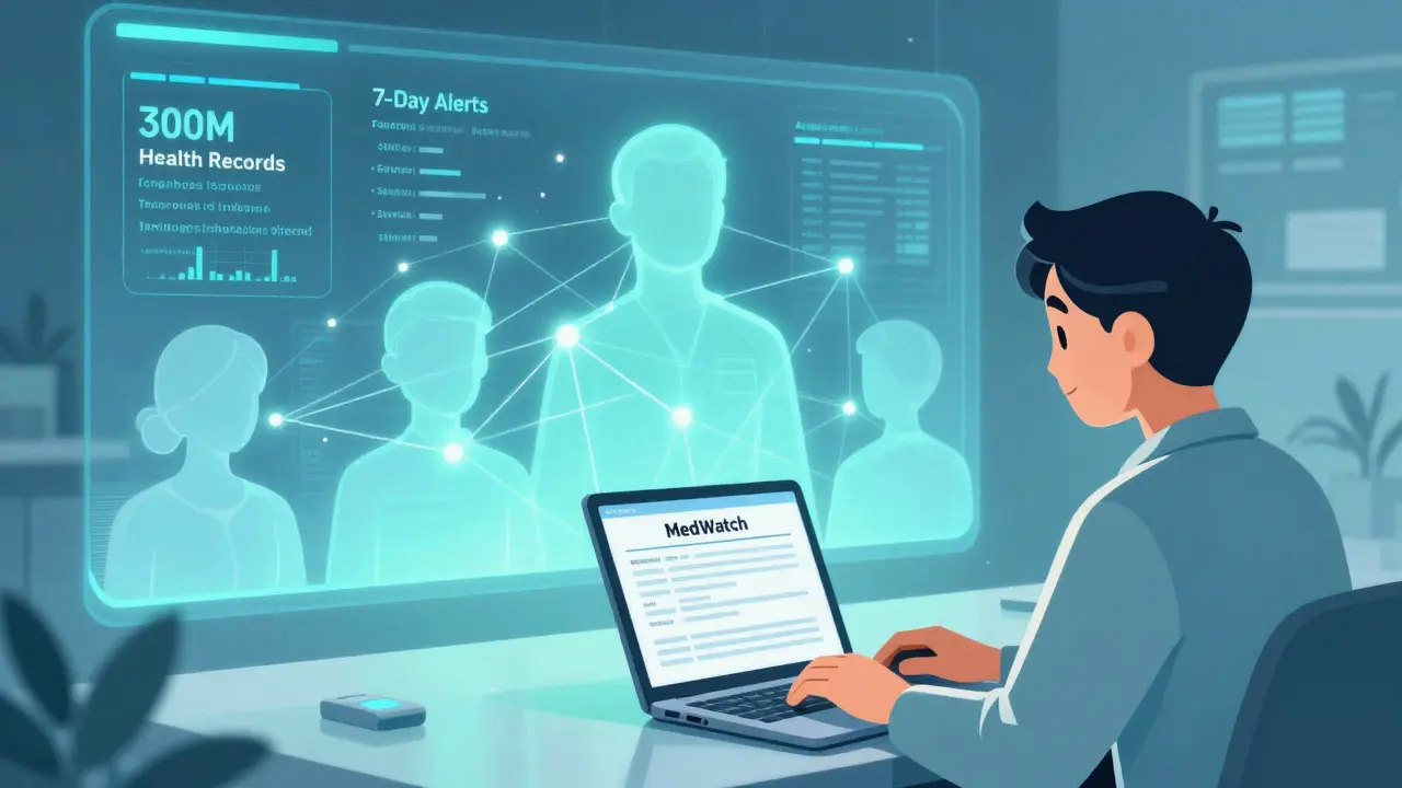 Patient reporting side effects online, with a network of connected patients and FDA data analytics glowing in the background.