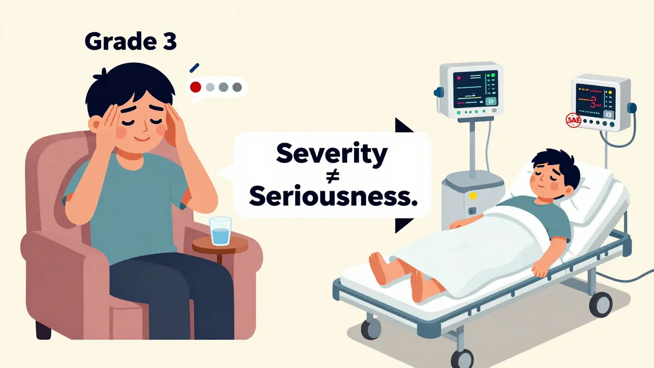 Side-by-side comparison: one person with severe headache at home, another same person hospitalized — illustrating severity vs. seriousness.