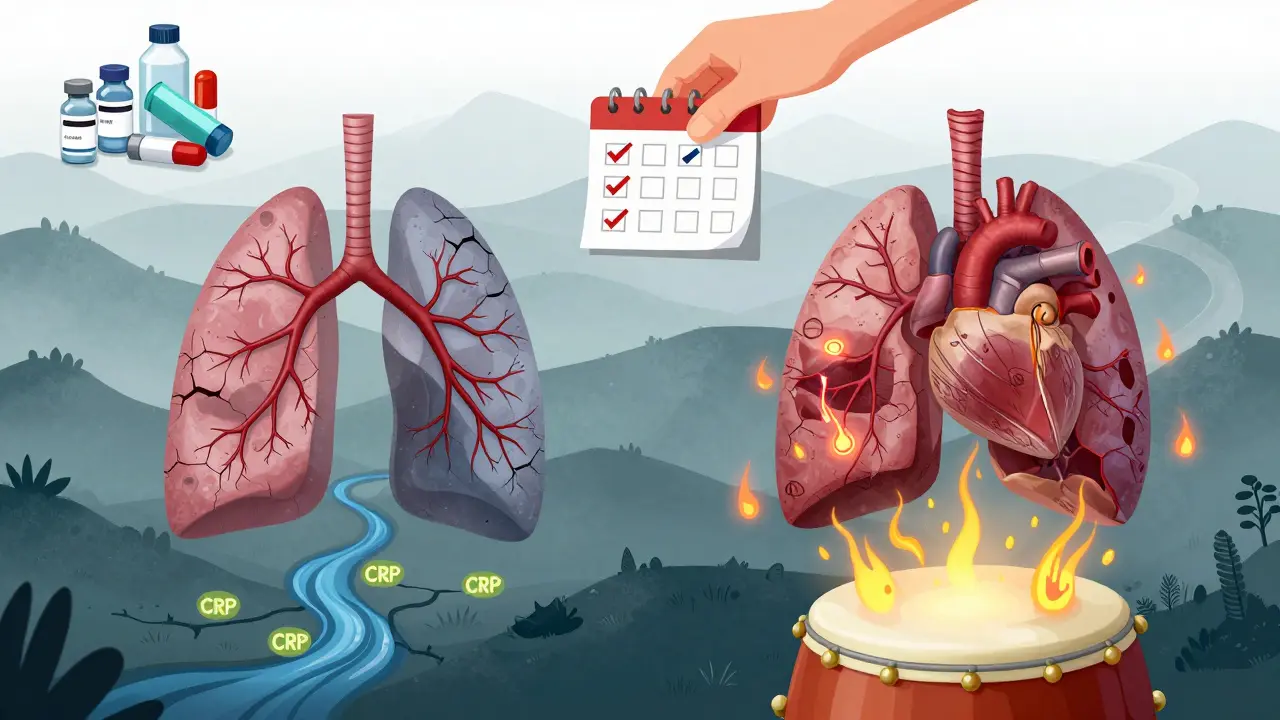 A body landscape showing healthy vs. damaged lungs, with inflammation markers and protective shields of vaccines and daily medication.
