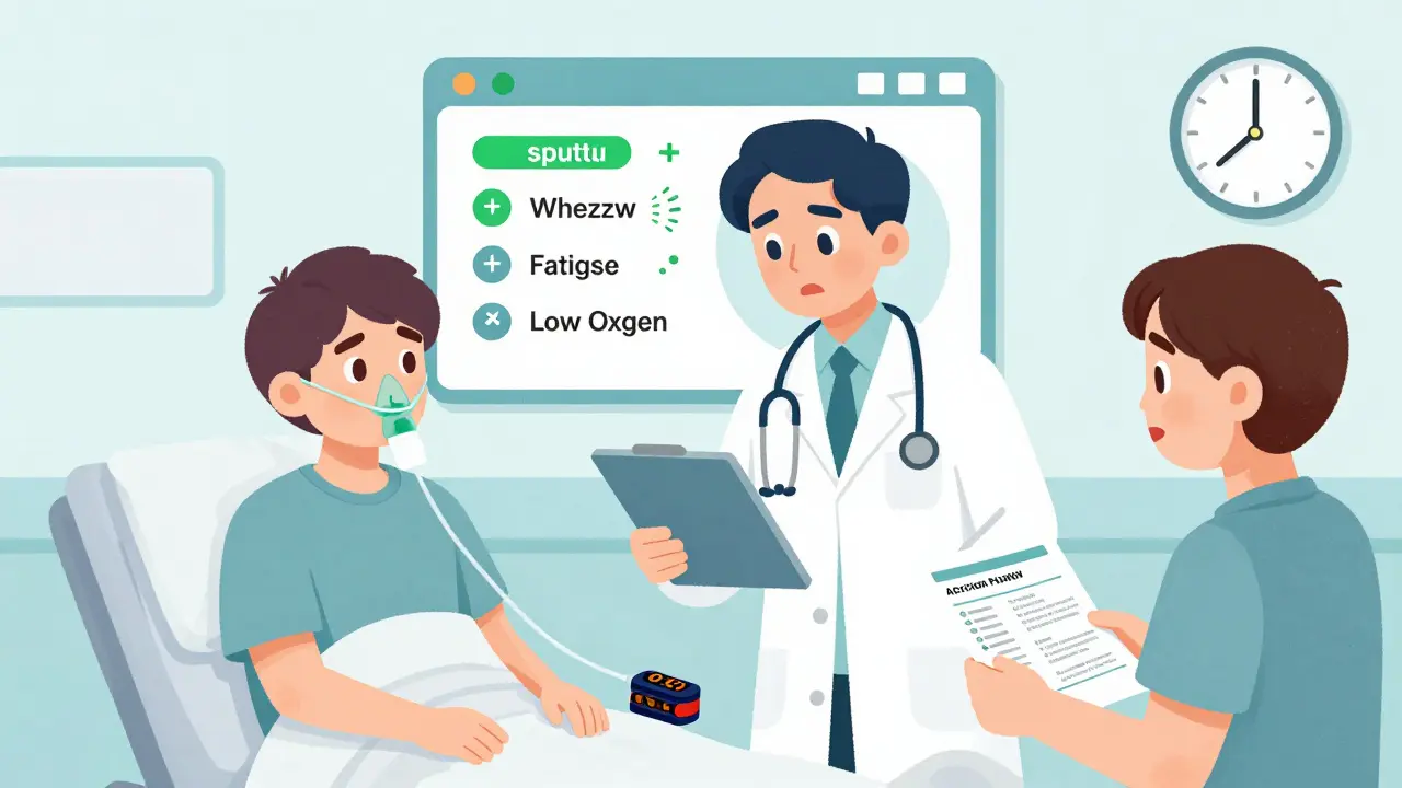 A COPD patient in emergency care receiving oxygen, with a pulse oximeter reading below 90% and a family member holding a written action plan.