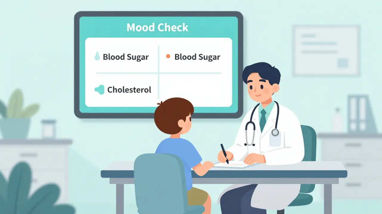 A doctor and patient at a clinic where mental health vitals are displayed alongside physical health metrics, showing integrated care.