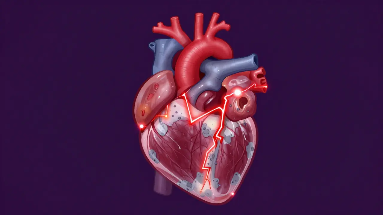 Abstract stylized heart with chaotic electrical sparks representing atrial fibrillation and heart rhythm disruption.
