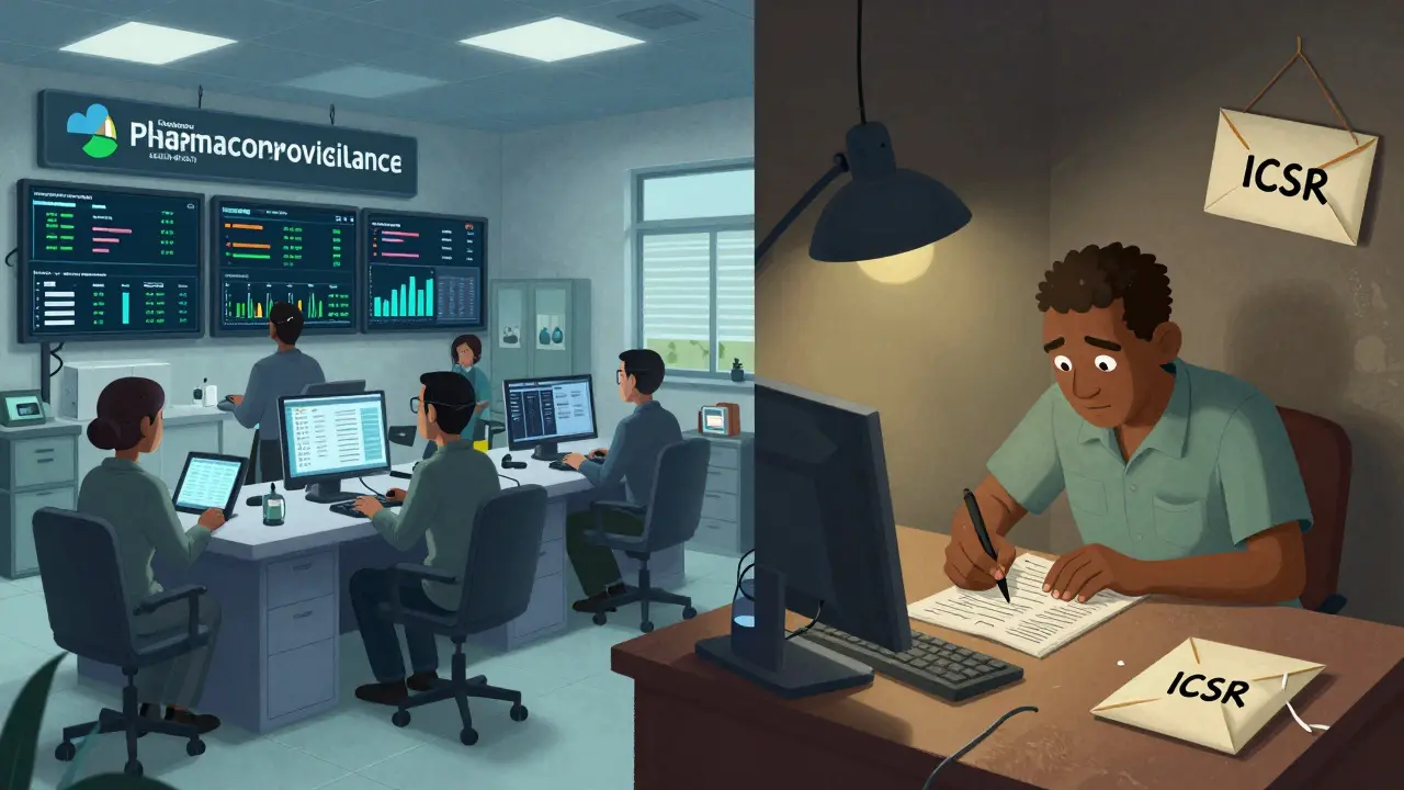 Contrast between advanced European drug monitoring center and under-resourced clinic in a low-income country.