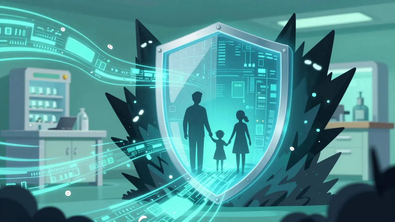 Digital shield protecting family with flowing data streams
