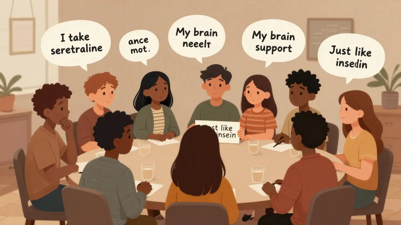 Diverse people sharing stories in a community setting, with speech bubbles affirming mental health medication as normal care.