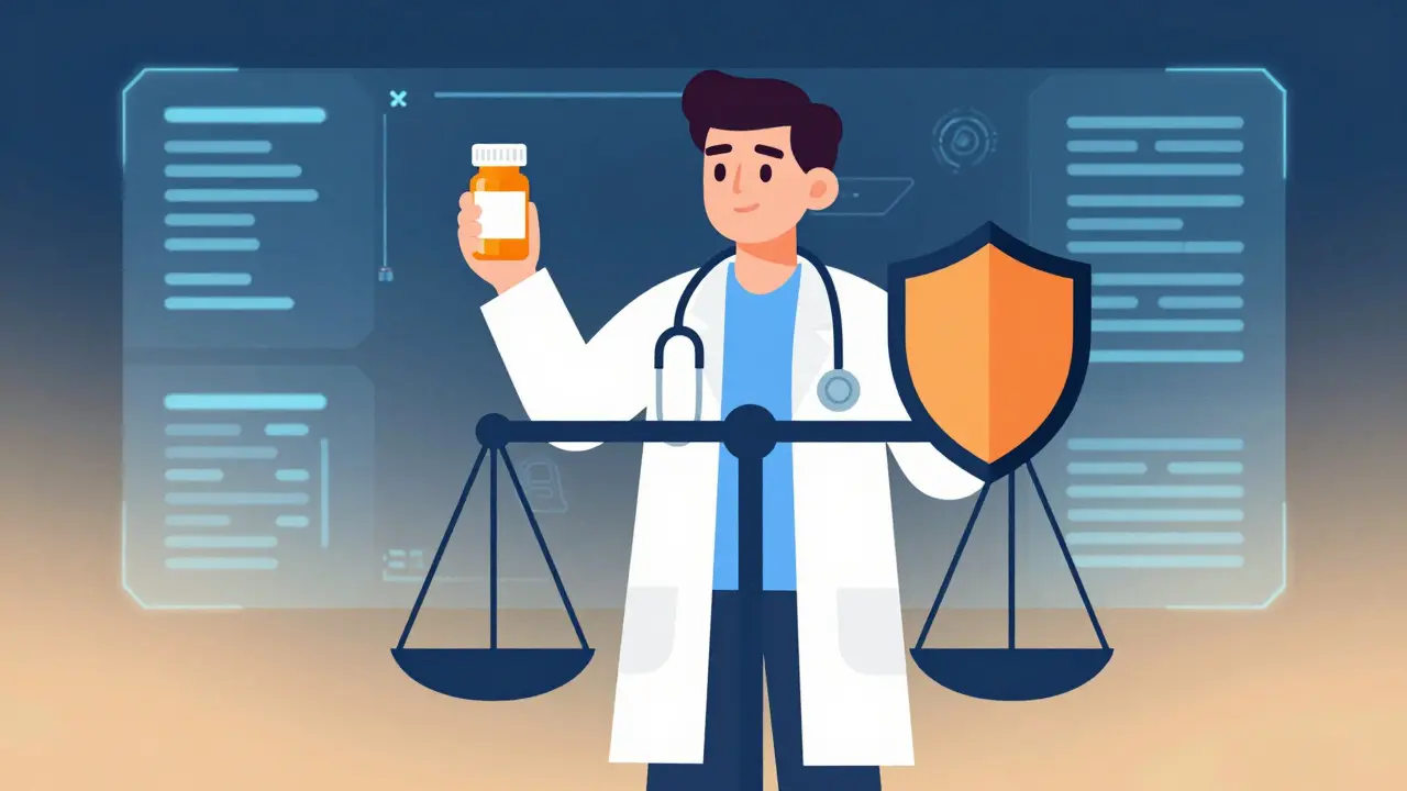 Doctor balancing medication benefits against safety risks on a conceptual scale.